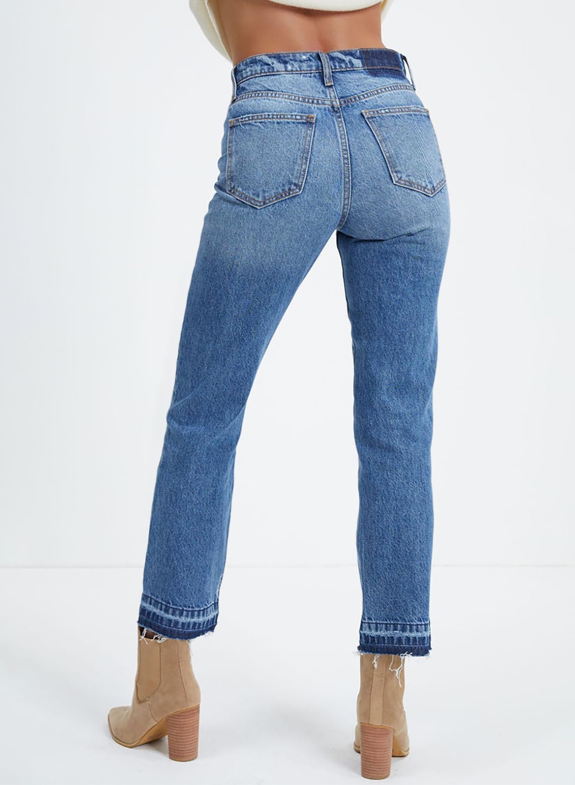 Foto 3 | Vaqueros Elegantes Con Dobladillo Desgastado Para Mujer, Pierna Recta, Azul - Venta Internacional.