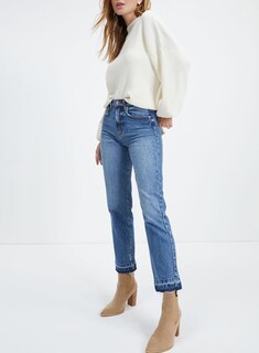 Foto 4 | Vaqueros Elegantes Con Dobladillo Desgastado Para Mujer, Pierna Recta, Azul - Venta Internacional.