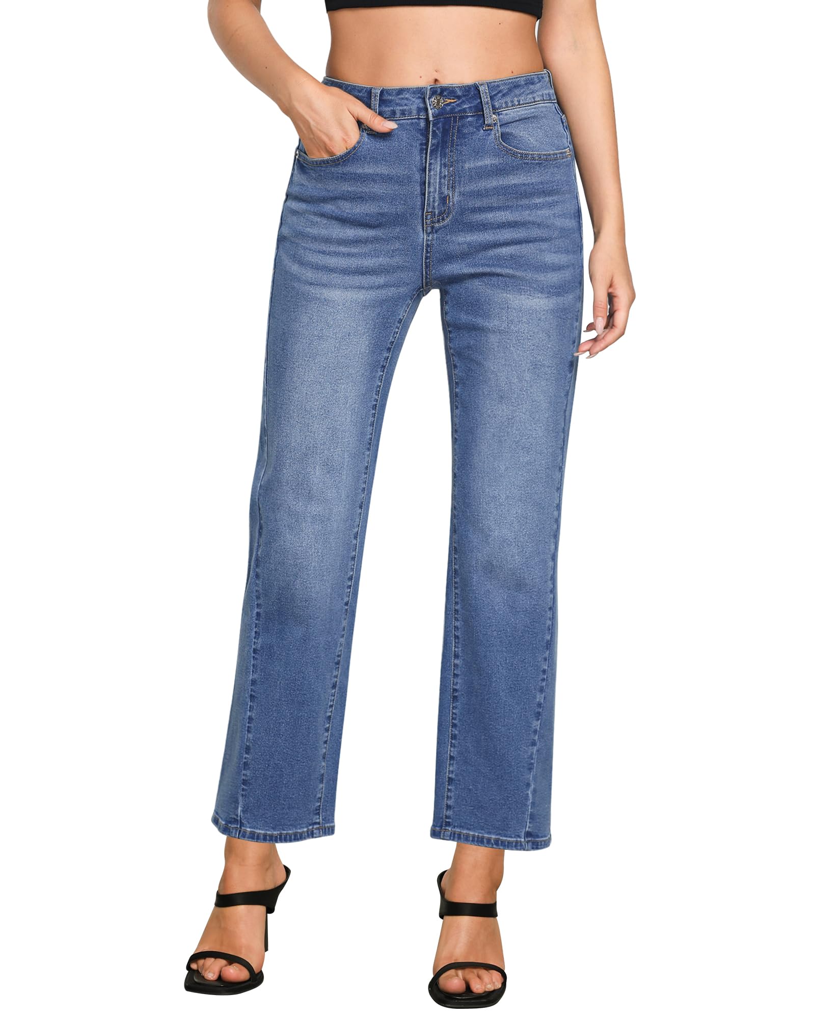 Vaqueros Grapent Para Mujer, Cintura Alta, Pierna Recta, Color Azul Medio - Venta Internacional.