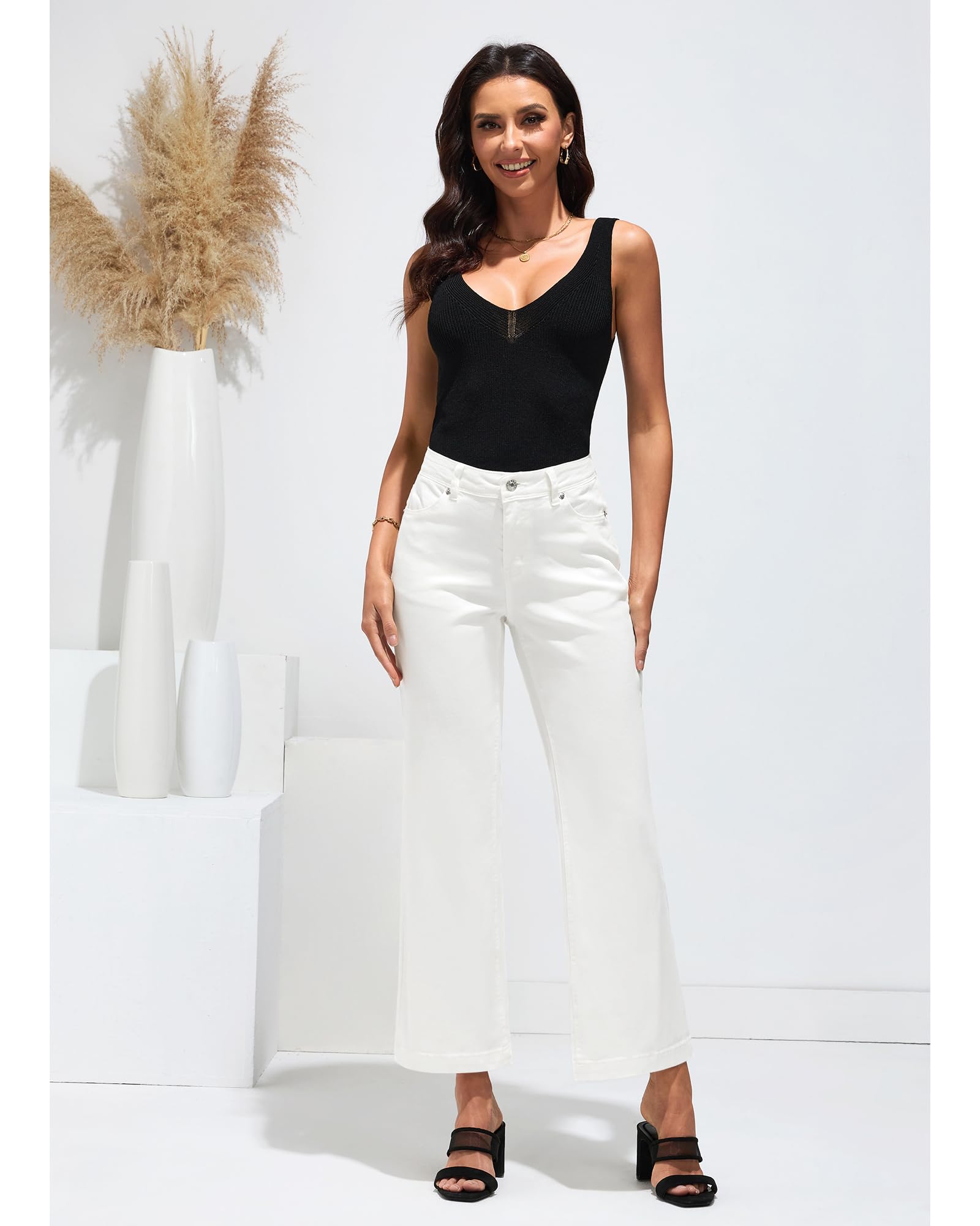 Foto 5 | Vaqueros Grapent Blancos De Cintura Alta Y Pierna Ancha Para Mujer, Talla L - Venta Internacional.
