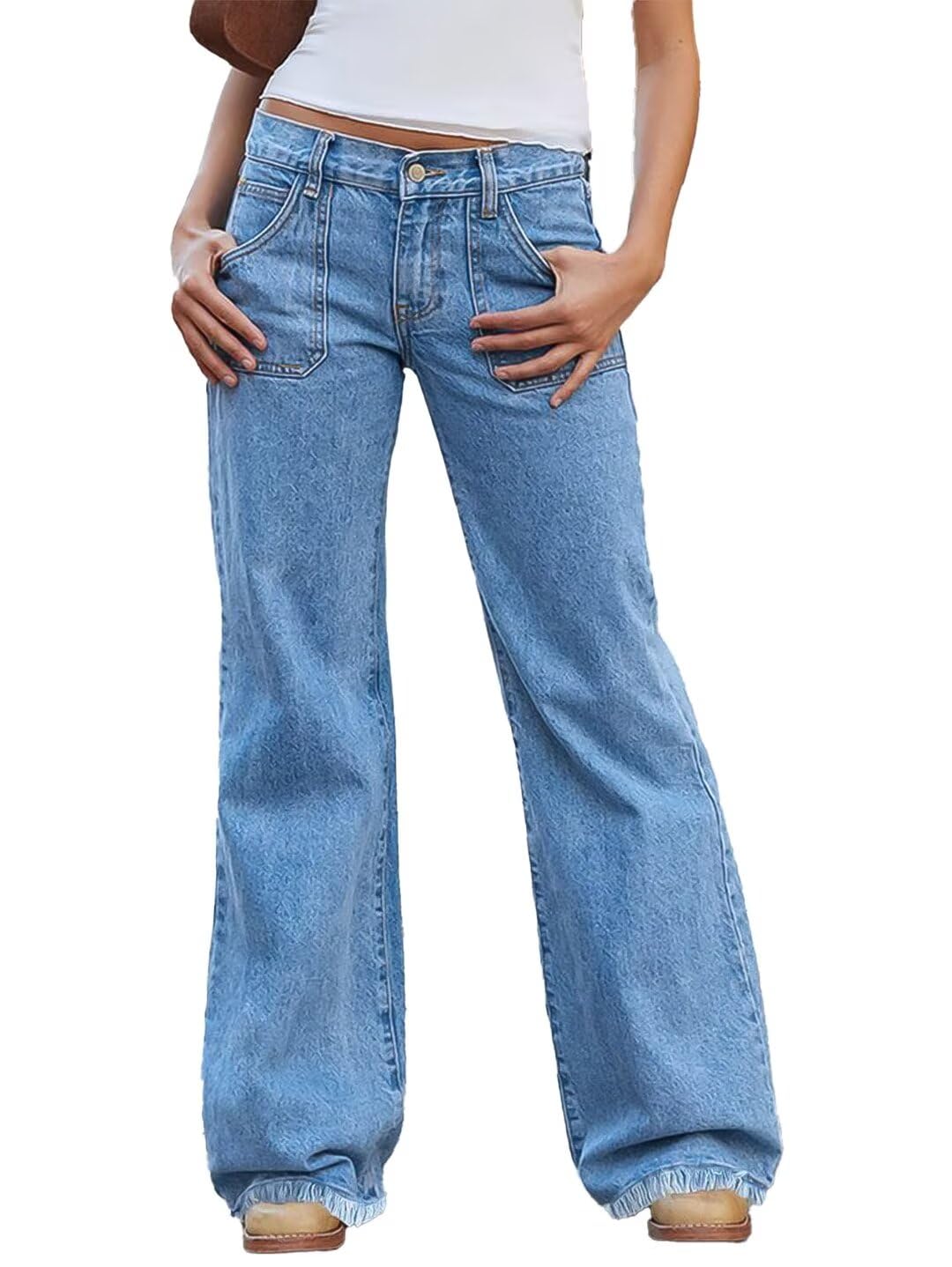 Vaqueros Flamingals, Pernera Ancha, Talle Bajo, Casual, Dobladillo Crudo, Azul Medio - Venta Internacional.