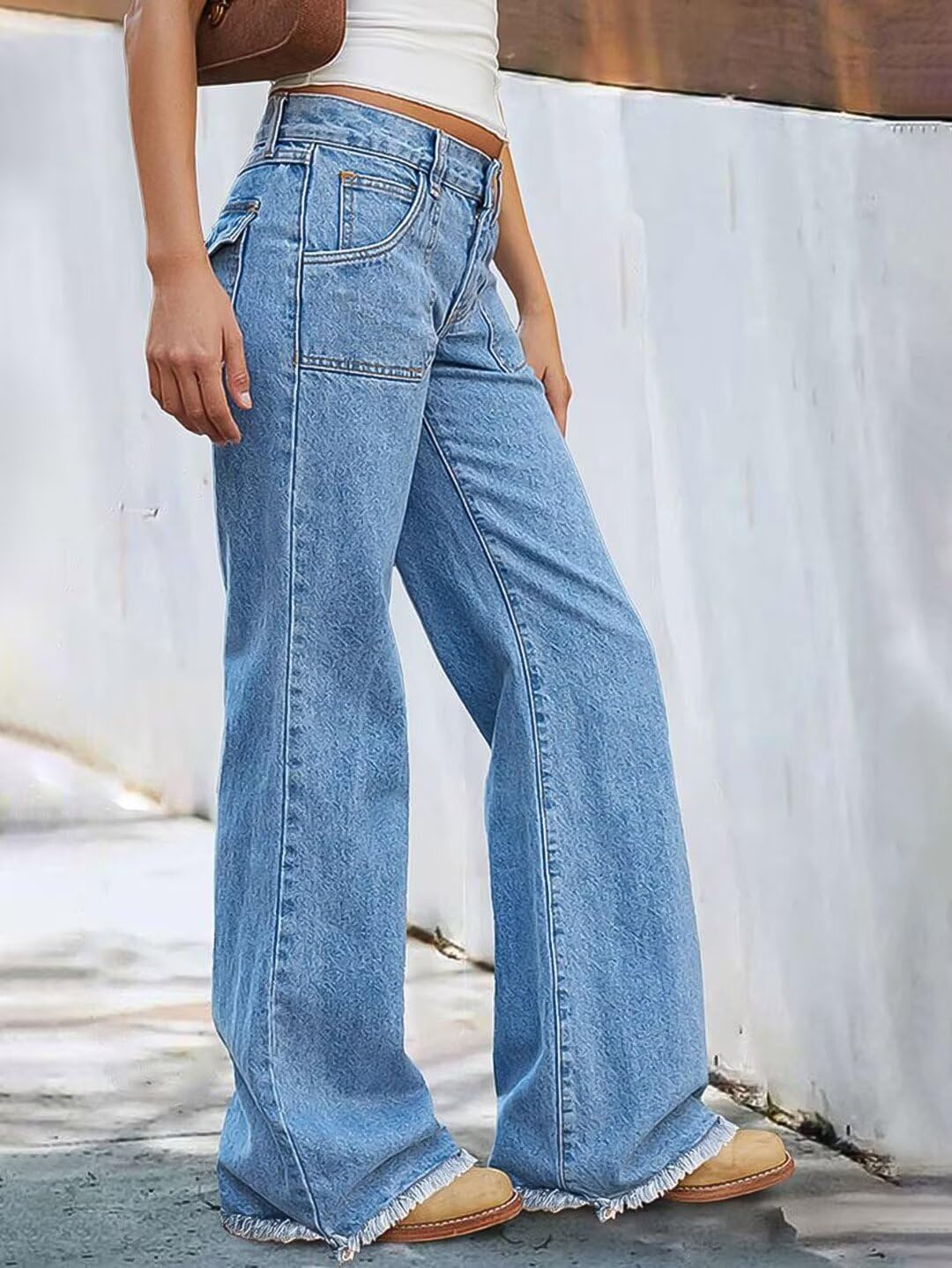 Foto 4 pulgar | Vaqueros Flamingals, Pernera Ancha, Talle Bajo, Casual, Dobladillo Crudo, Azul Medio - Venta Internacional.