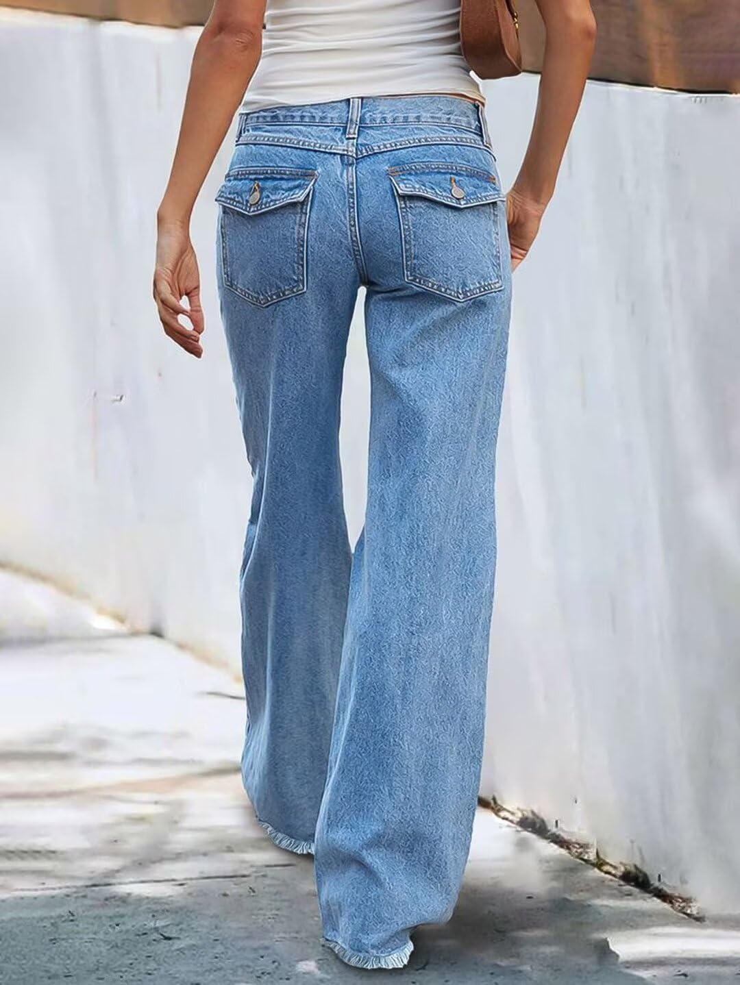 Foto 5 | Vaqueros Flamingals, Pernera Ancha, Talle Bajo, Casual, Dobladillo Crudo, Azul Medio - Venta Internacional.