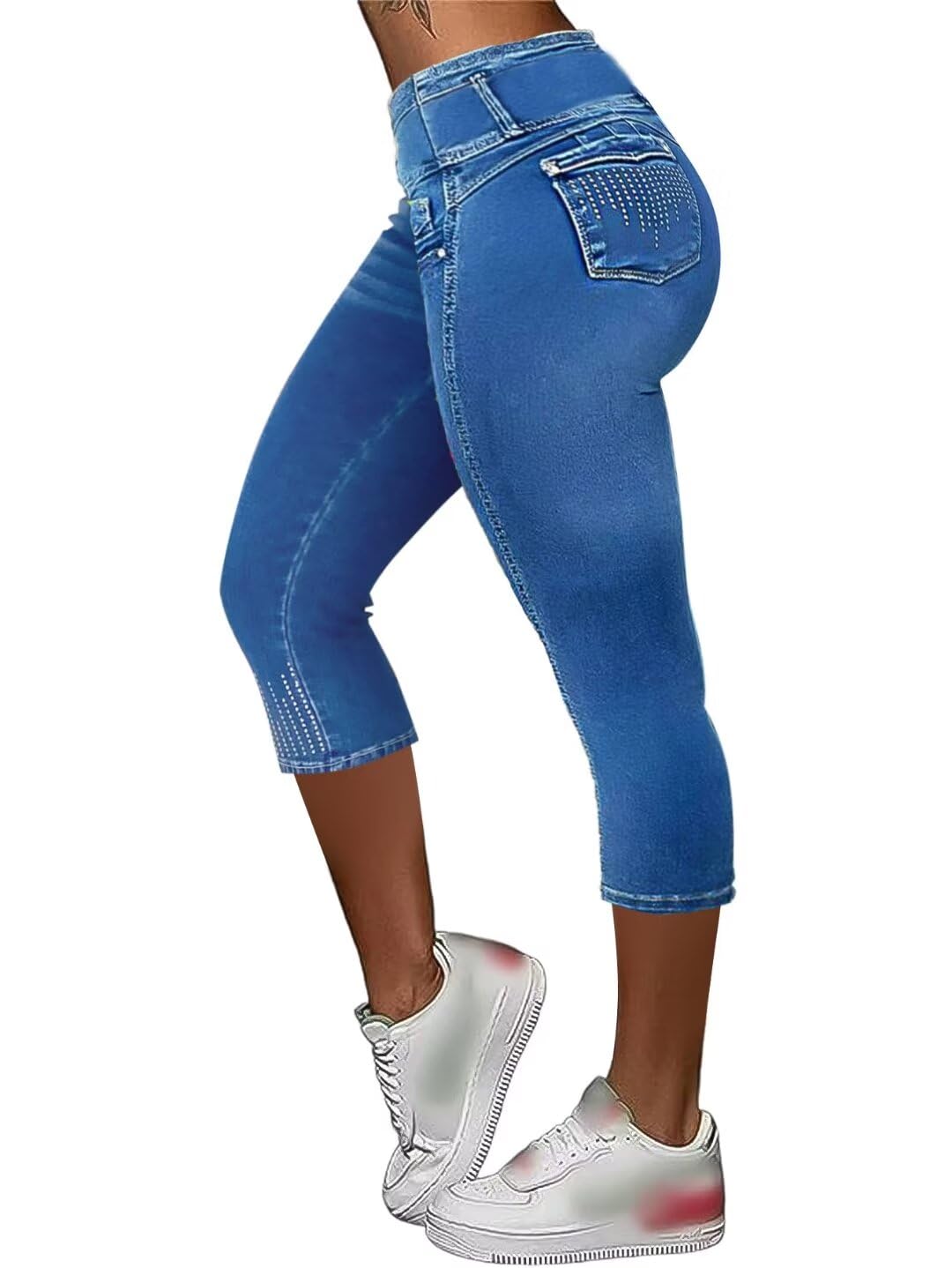 Foto 1 | Bermudas Capri Jeans Con Estampado De Flamencos, Elásticos, Para Mujer, Color Azul, Talla 2xl - Venta Internacional.