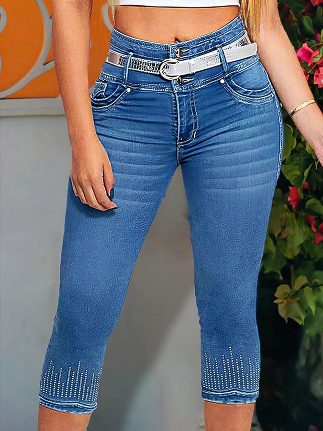Foto 3 pulgar | Bermudas Capri Jeans Con Estampado De Flamencos, Elásticos, Para Mujer, Color Azul, Talla 2xl - Venta Internacional.