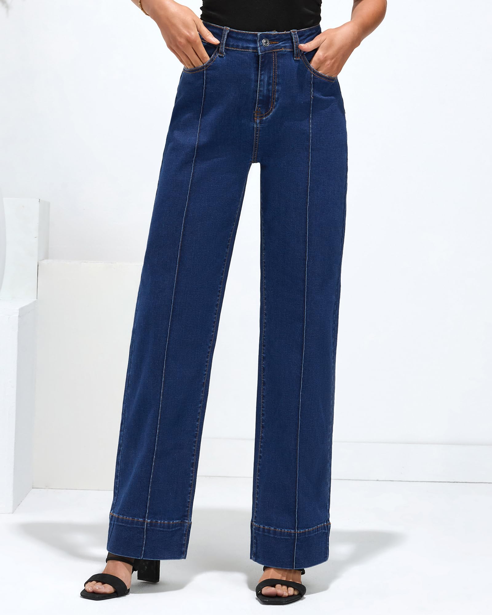 Foto 5 | Vaqueros Luvamia De Cintura Alta Y Pierna Ancha Azules Para Mujer, Talla S 4-6 - Venta Internacional.