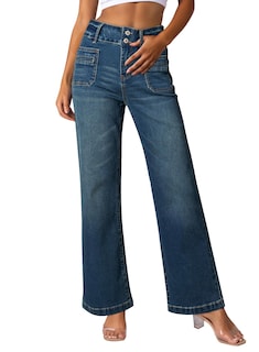 Foto 1 | Vaqueros Sidefeel Para Mujer, Cintura Alta, Elásticos, Pernera Ancha, Azul - Venta Internacional.