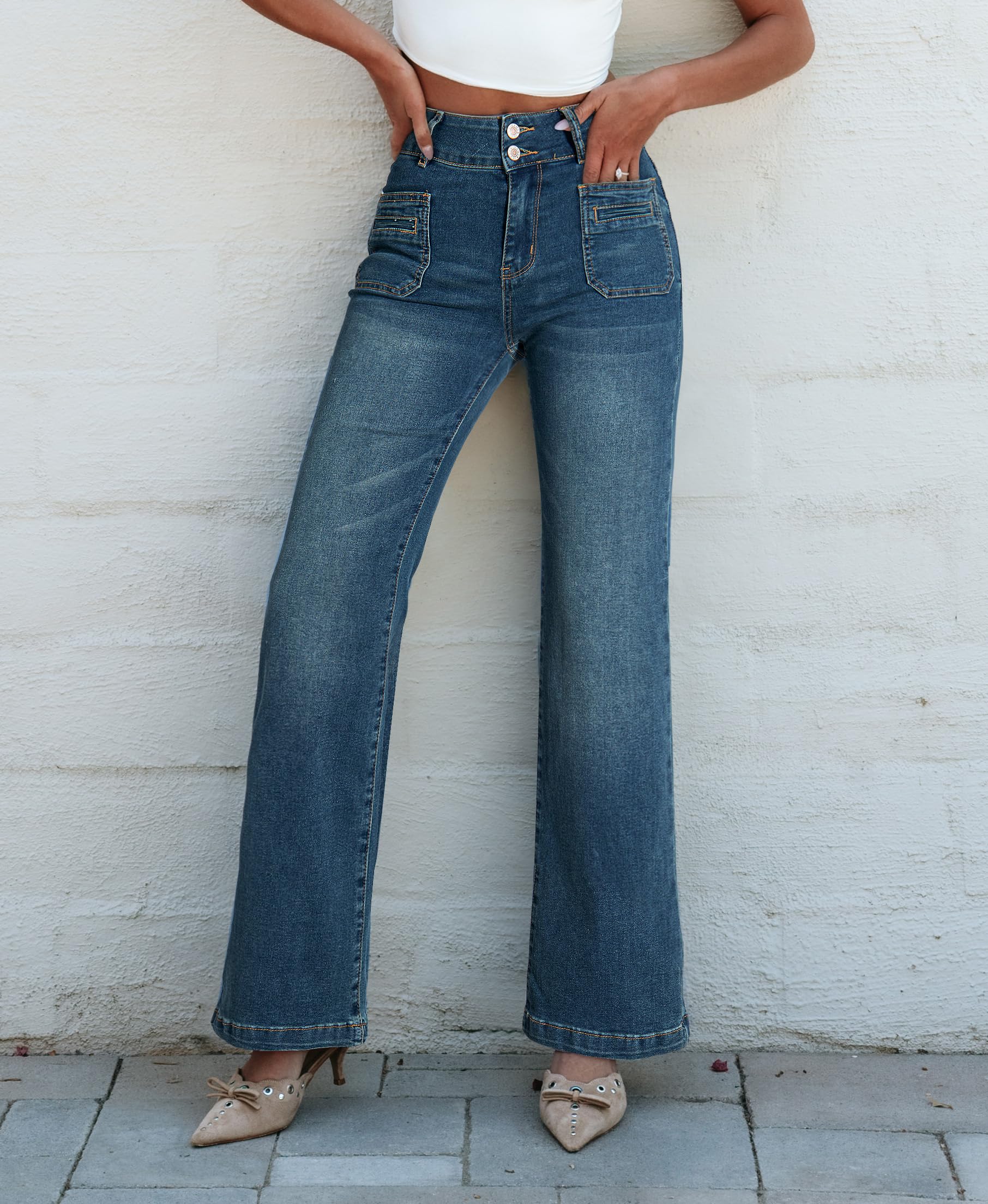 Foto 3 | Vaqueros Sidefeel Para Mujer, Cintura Alta, Elásticos, Pernera Ancha, Azul - Venta Internacional.