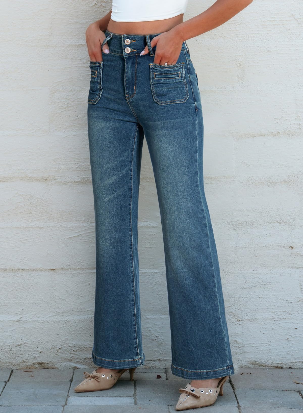Foto 4 | Vaqueros Sidefeel Para Mujer, Cintura Alta, Elásticos, Pernera Ancha, Azul - Venta Internacional.