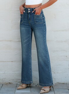 Foto 4 | Vaqueros Sidefeel Para Mujer, Cintura Alta, Elásticos, Pernera Ancha, Azul - Venta Internacional.
