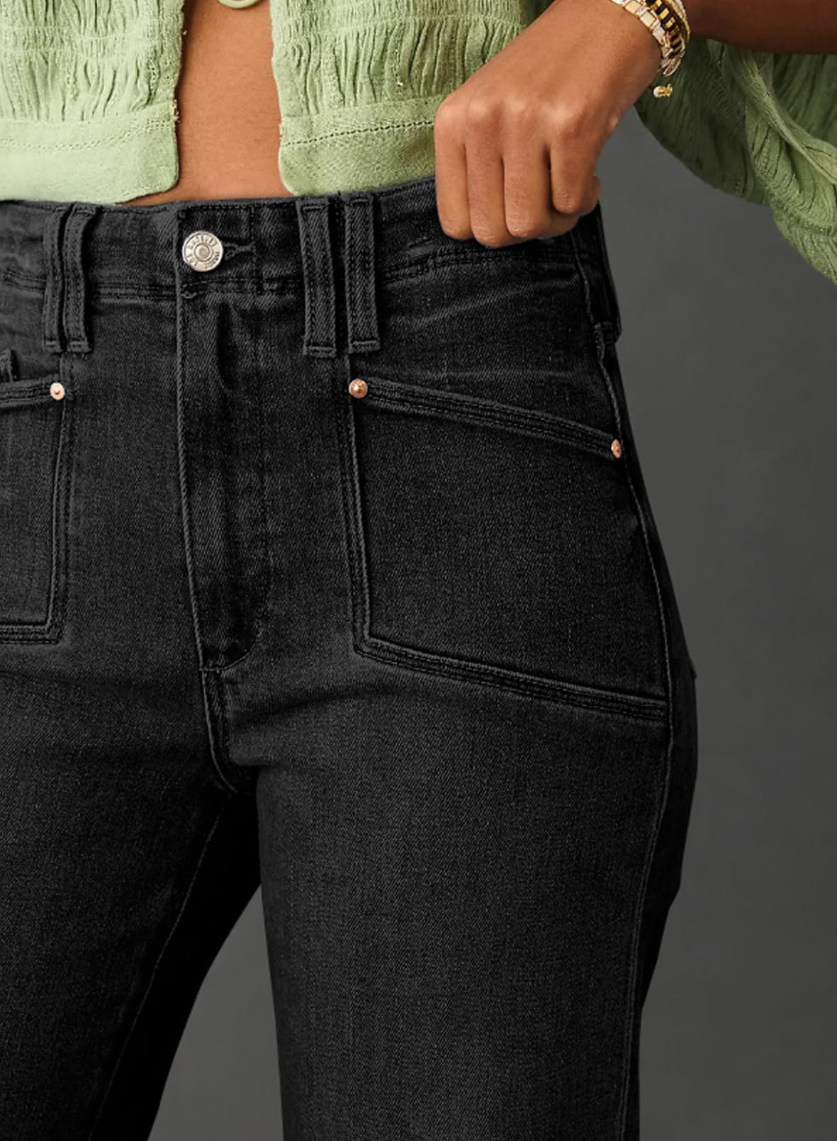 Foto 2 | Vaqueros Elegantes Para Mujer, Cintura Alta, Pierna Recta, Talla 16, Color Negro - Venta Internacional.