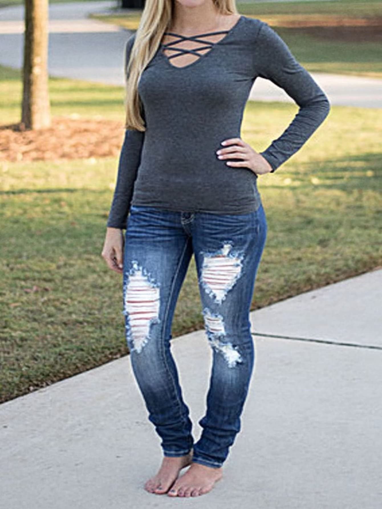 Foto 7 pulgar | Jeans Flamingals De Talle Bajo, Corte De Bota Desgastado, Pierna Ancha, Mujer - Venta Internacional.