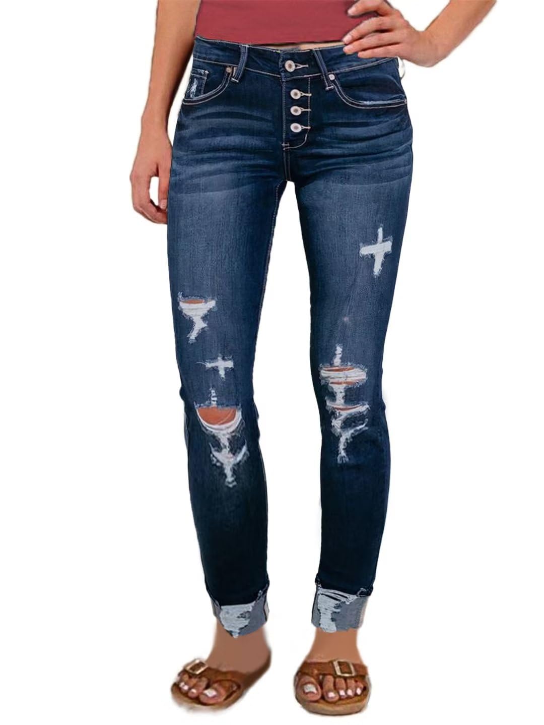 Foto 2 pulgar | Pantalones Vaqueros Con Estampado De Flamencos Rasgados De Cintura Baja Para Mujer, Talla Xl, Azul - Venta Internaciona