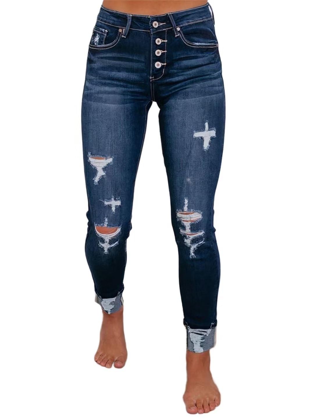 Foto 4 pulgar | Pantalones Vaqueros Con Estampado De Flamencos Rasgados De Cintura Baja Para Mujer, Talla Xl, Azul - Venta Internaciona