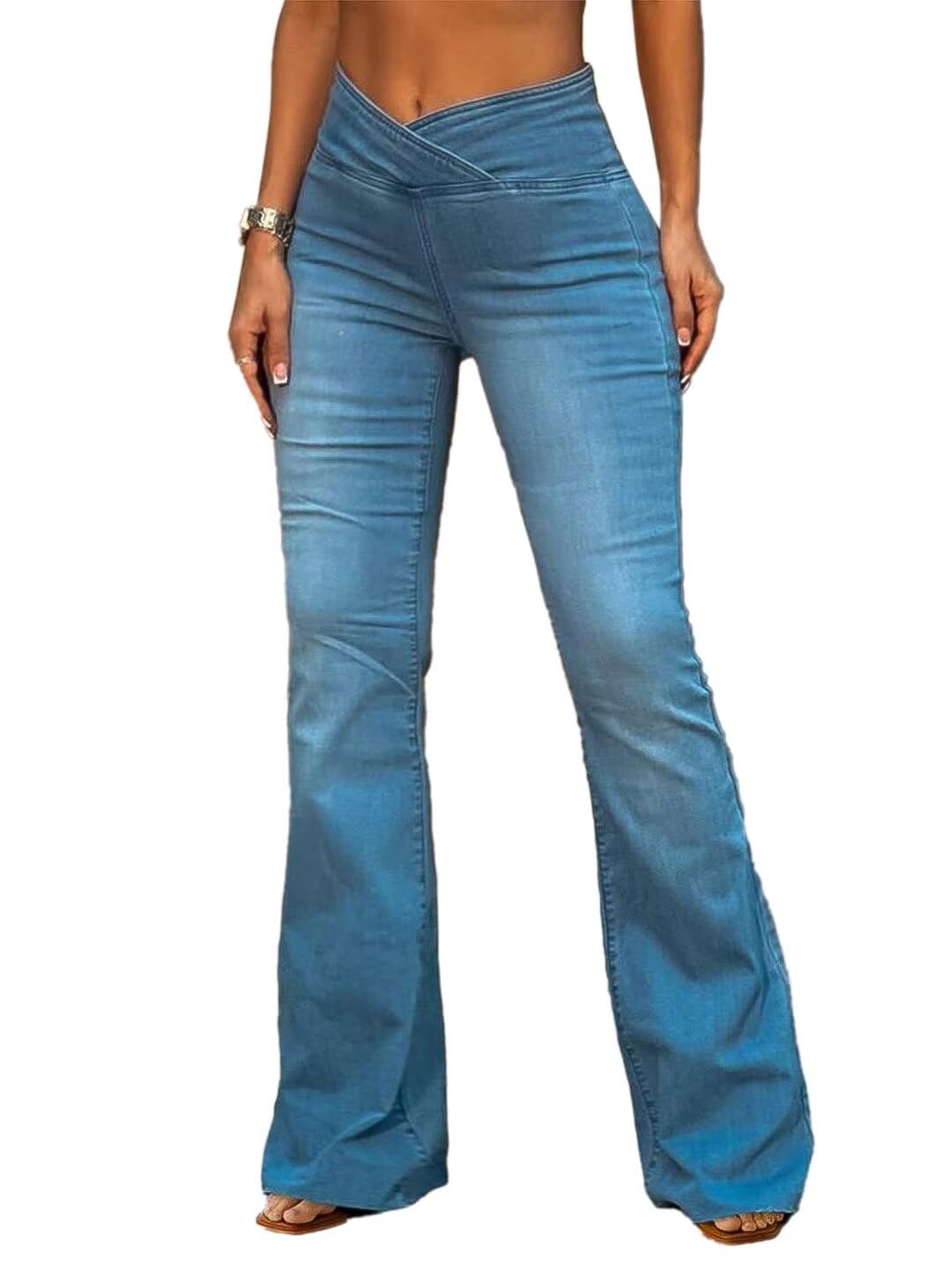 Vaqueros Con Estampado Flamingals, Pernera Ancha, Talle Alto, Azul, Talla M - Venta Internacional.