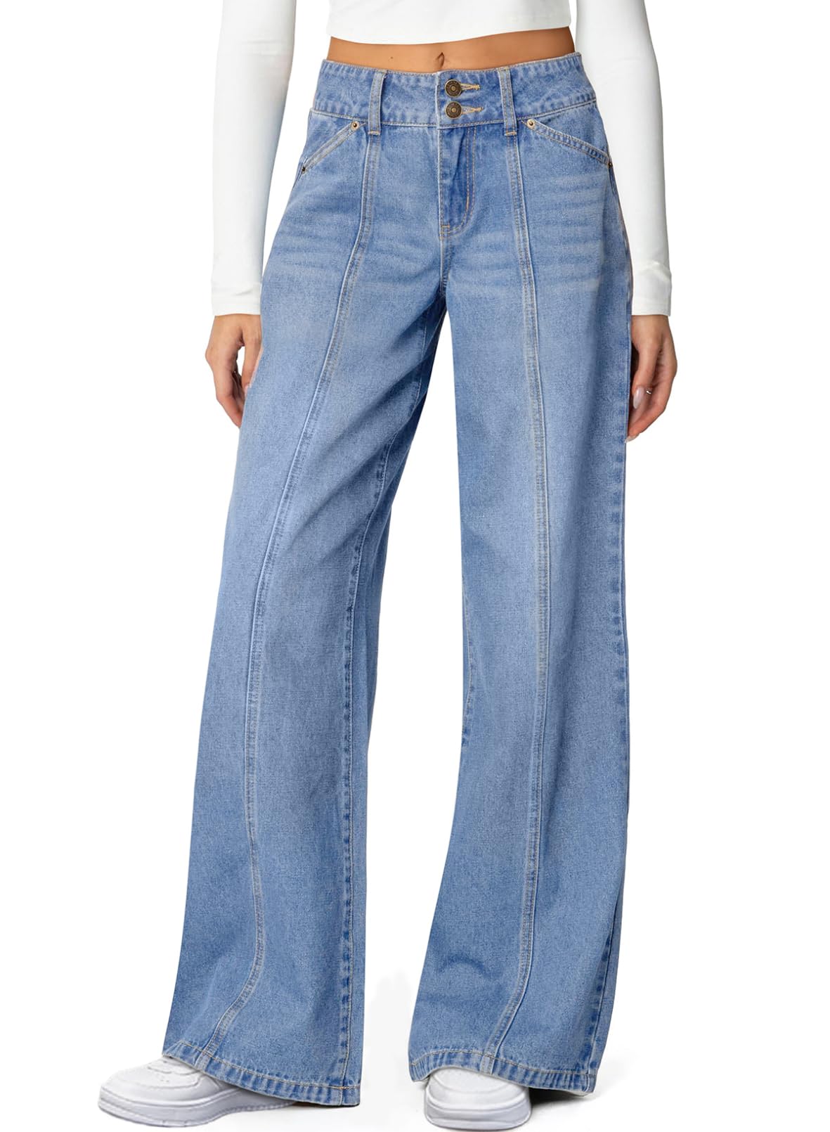 Foto 2 pulgar | Jeans De Pierna Ancha Con Tacto Lateral  Cintura Alta  Vaqueros Elásticos Para Mujer - Venta Internacional.