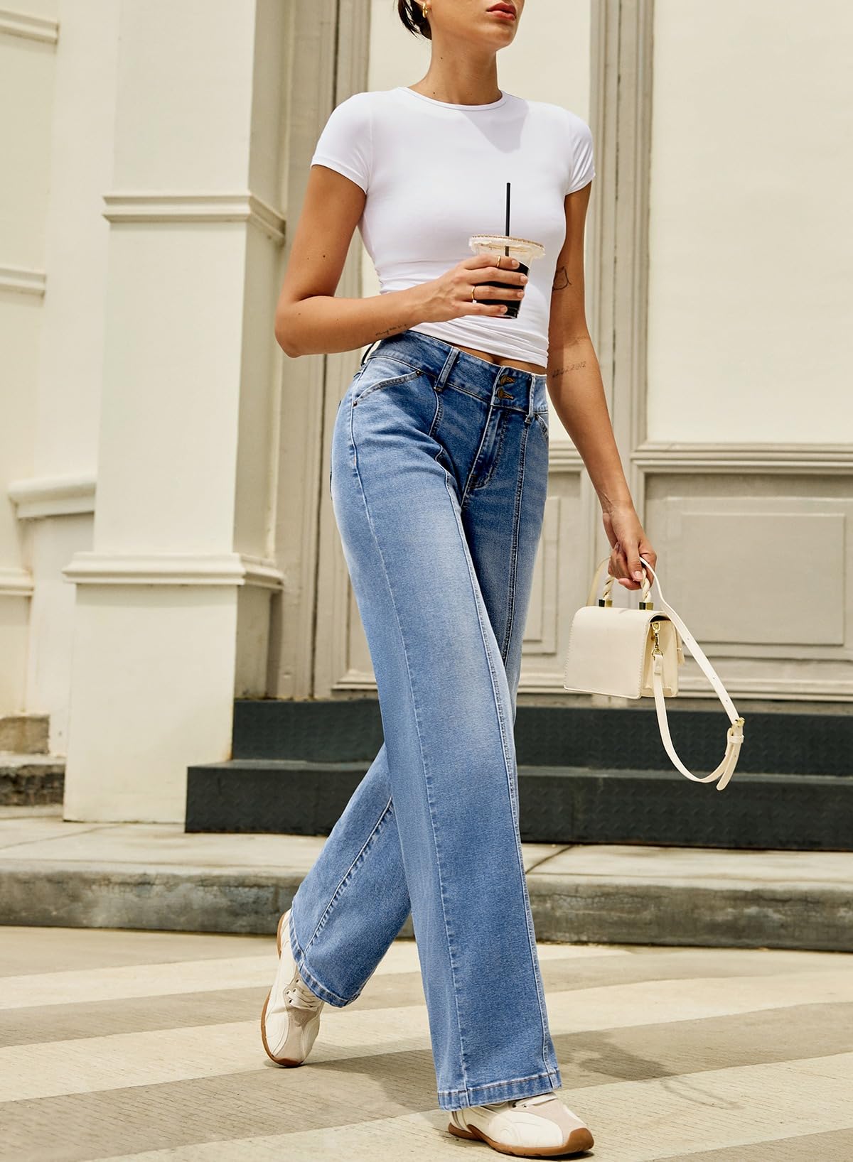 Foto 4 pulgar | Jeans De Pierna Ancha Con Tacto Lateral  Cintura Alta  Vaqueros Elásticos Para Mujer - Venta Internacional.