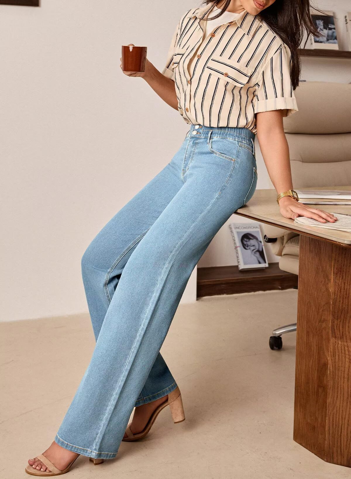 Foto 4 pulgar | Jeans Astylish Para Mujer  Cintura Alta  Pierna Ancha  Vaqueros  Azul Beau - Venta Internacional.