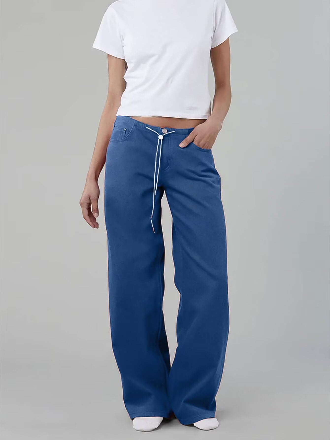 Foto 7 | Vaqueros Flamingals De Pierna Recta Para Mujer  Cintura Media  Color Azul L - Venta Internacional.