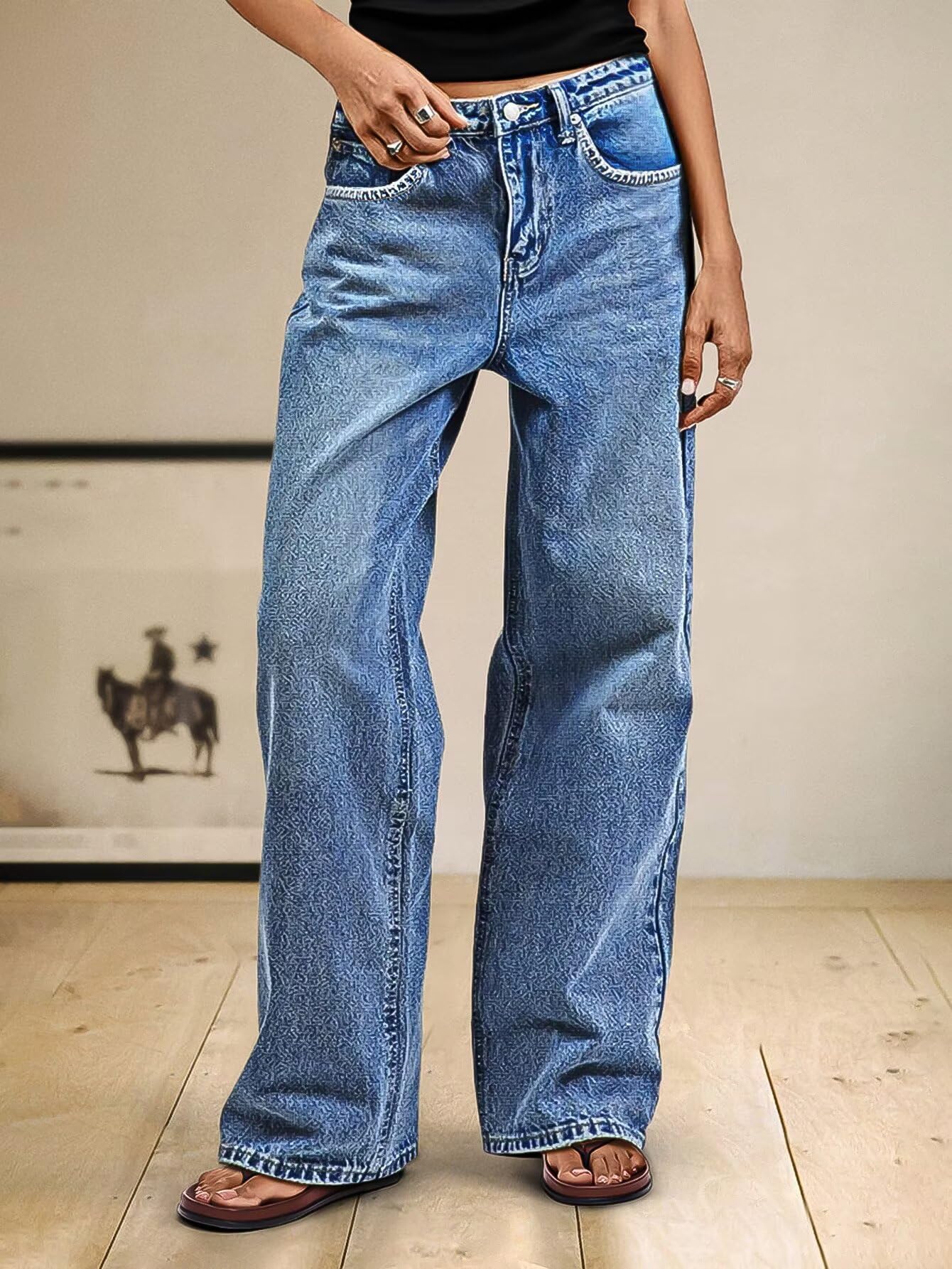 Foto 3 pulgar | Pantalones Vaqueros Con Diseño De Flamencos De Pierna Ancha Para Mujer  Cintura Media  Punto Holgado - Venta Interna
