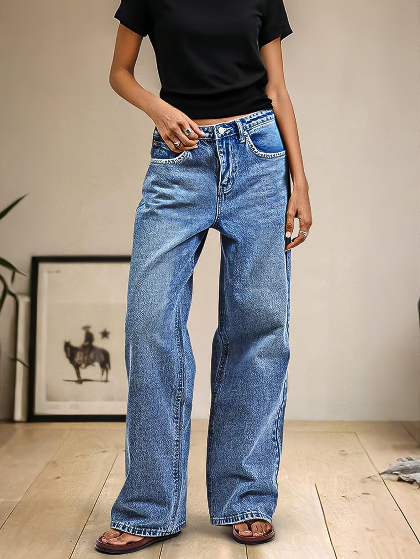 Foto 5 pulgar | Pantalones Vaqueros Con Diseño De Flamencos De Pierna Ancha Para Mujer  Cintura Media  Punto Holgado - Venta Interna