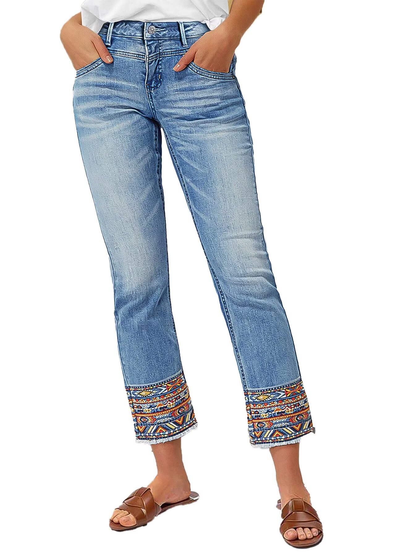 Foto 1 | Pantalones Vaqueros Con Estampado Flamingals De Pierna Recta Para Mujer  Color Azul Claro  Talla M - Venta Internaciona