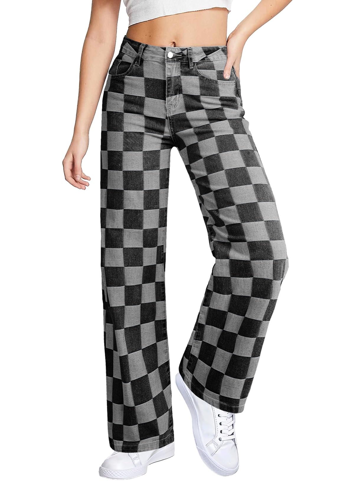 Jeans Sidefeel  Cintura Alta  Pierna Ancha  Elásticos A Cuadros  Negros - Venta Internacional.