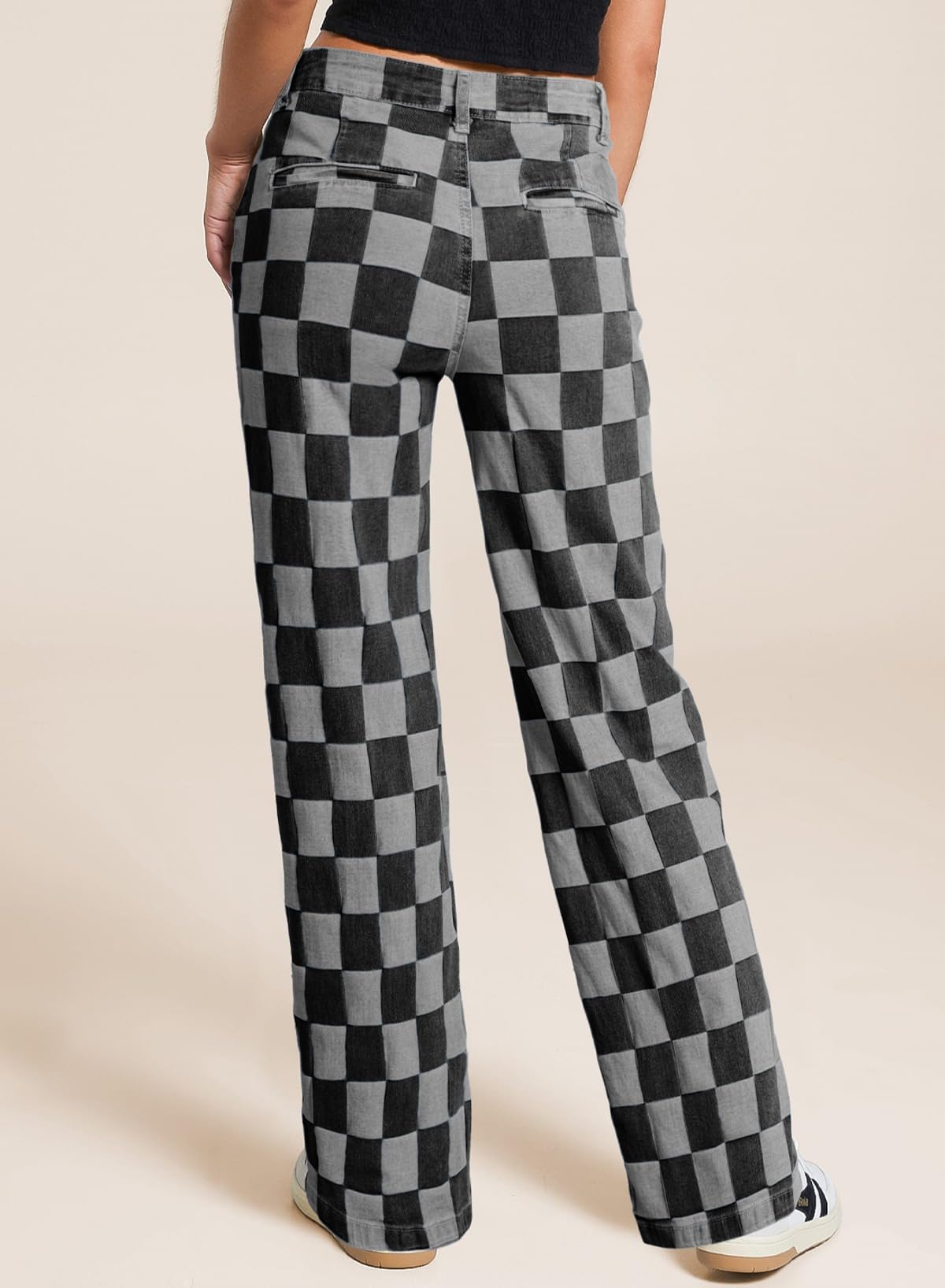 Foto 3 | Jeans Sidefeel  Cintura Alta  Pierna Ancha  Elásticos A Cuadros  Negros - Venta Internacional.