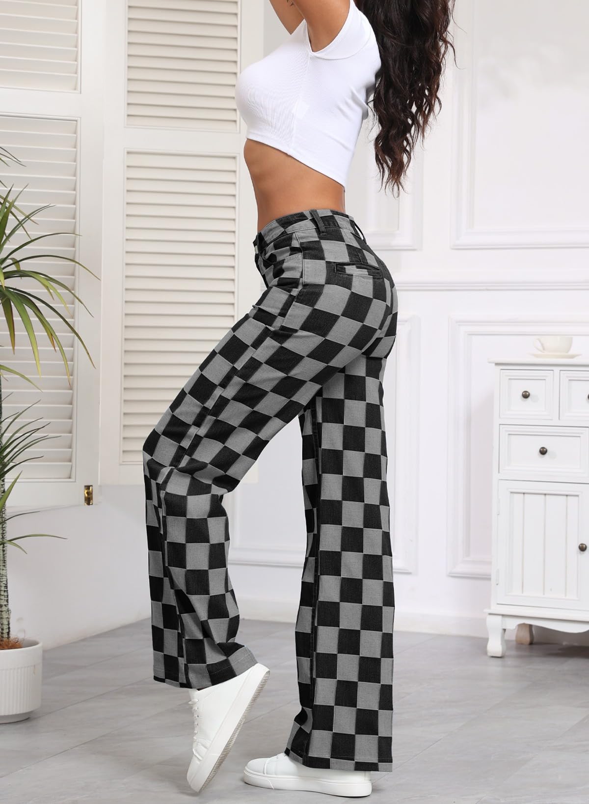 Foto 5 | Jeans Sidefeel  Cintura Alta  Pierna Ancha  Elásticos A Cuadros  Negros - Venta Internacional.