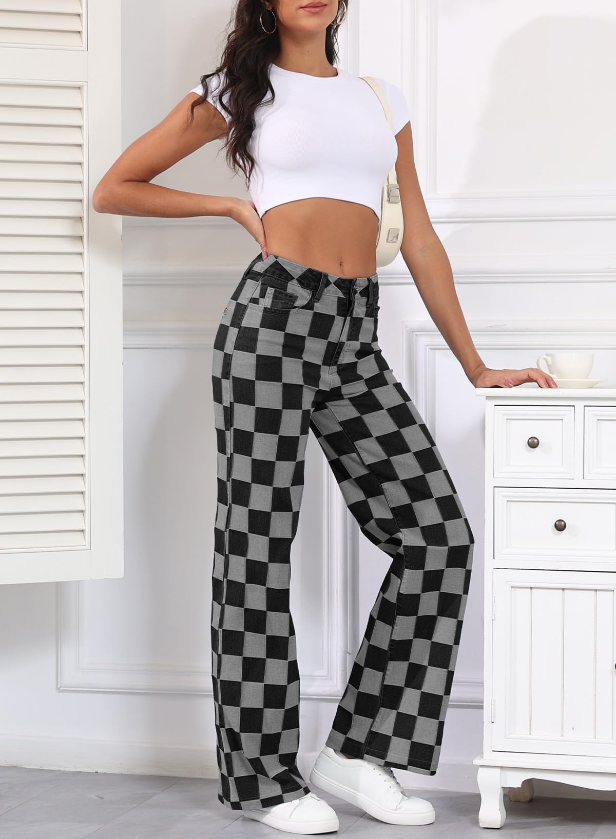 Foto 6 | Jeans Sidefeel  Cintura Alta  Pierna Ancha  Elásticos A Cuadros  Negros - Venta Internacional.
