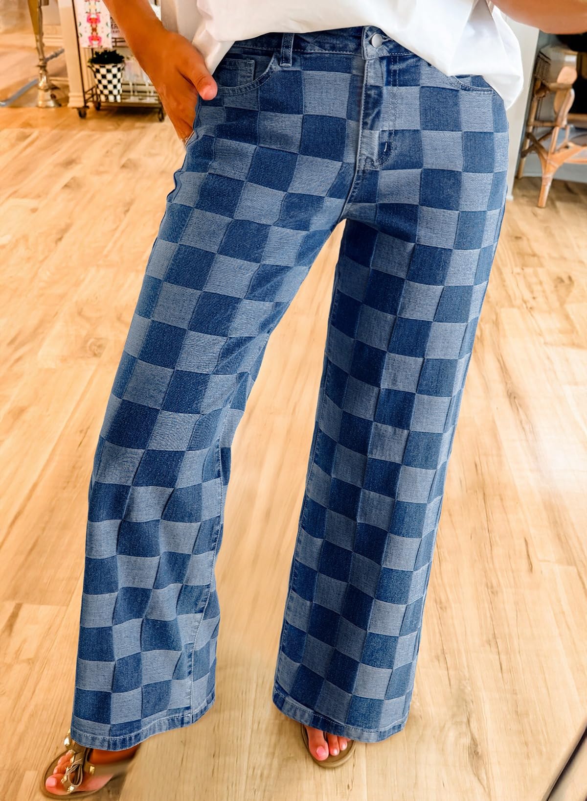 Foto 4 | Vaqueros Sidefeel  Cintura Alta  Pierna Ancha  A Cuadros  Azul Oscuro - Venta Internacional.