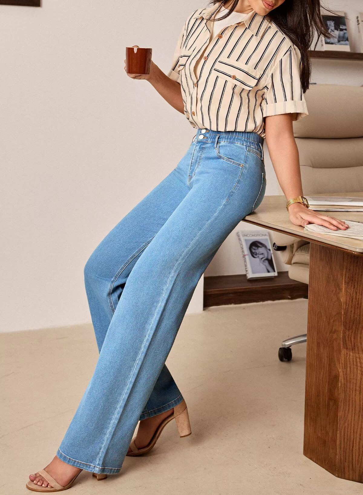 Foto 4 pulgar | Jeans Astylish Para Mujer  Cintura Alta  Pierna Ancha  Azul Cielo - Venta Internacional.