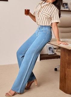 Foto 3 | Jeans Astylish Para Mujer Cintura Alta Pierna Ancha Azul Cielo - Venta Internacional.