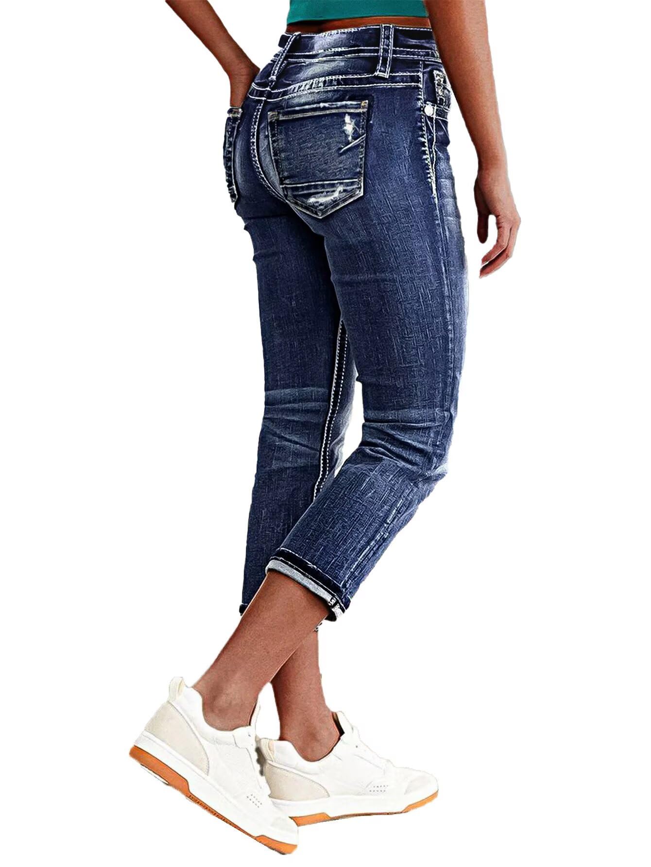 Foto 2 pulgar | Vaqueros Capri Flamingals Para Mujer  Talle Medio  Ceñidos  Azul Oscuro - Venta Internacional.