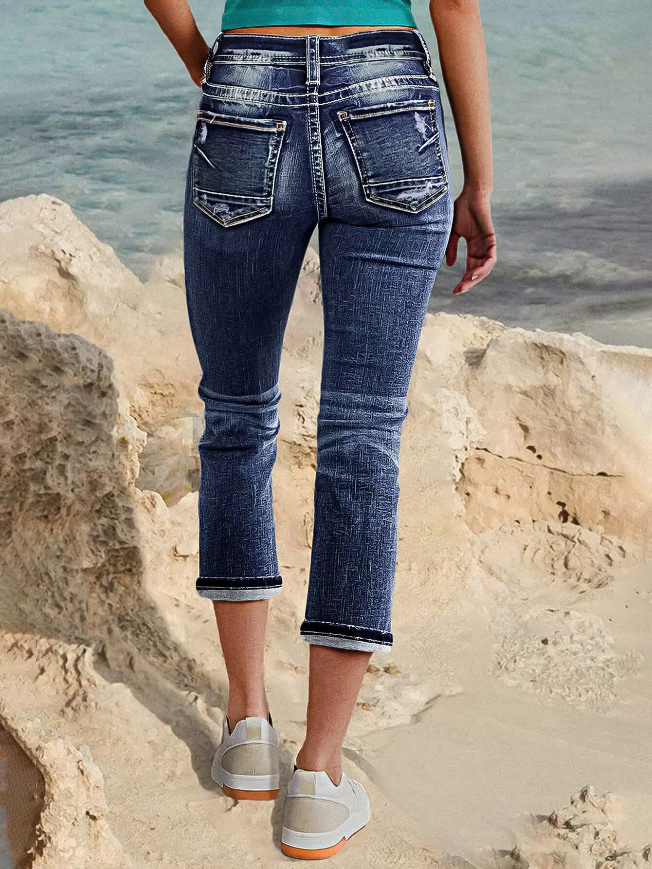 Foto 3 pulgar | Vaqueros Capri Flamingals Para Mujer  Talle Medio  Ceñidos  Azul Oscuro - Venta Internacional.