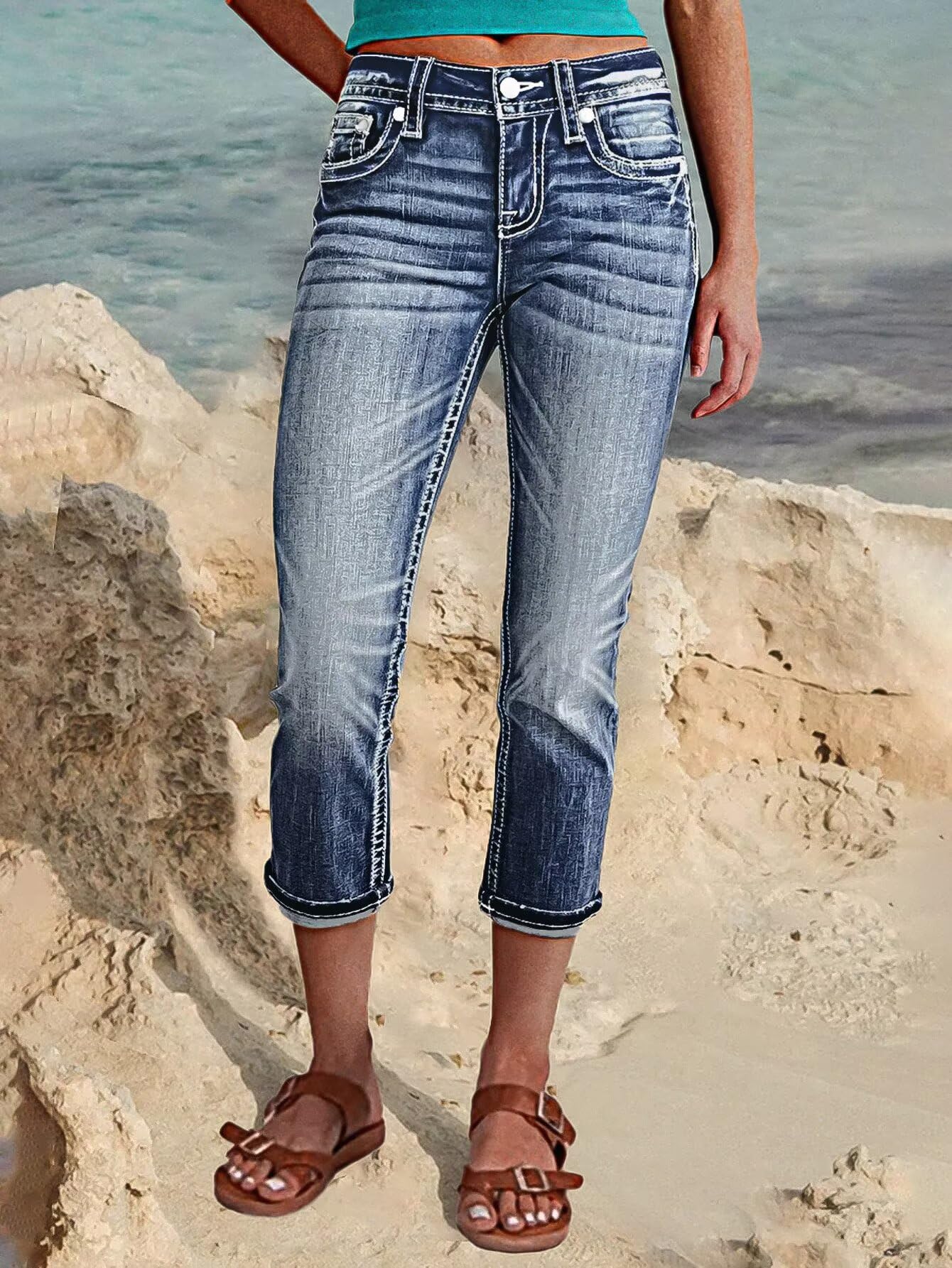 Foto 5 pulgar | Vaqueros Capri Flamingals Para Mujer  Talle Medio  Ceñidos  Azul Oscuro - Venta Internacional.