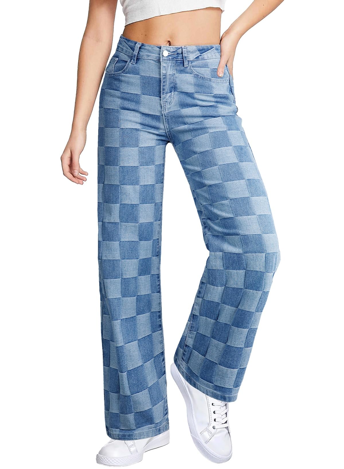 Foto 1 | Jeans Sidefeel Para Mujer  Pierna Ancha  Cintura Alta  A Cuadros  Azul - Venta Internacional.