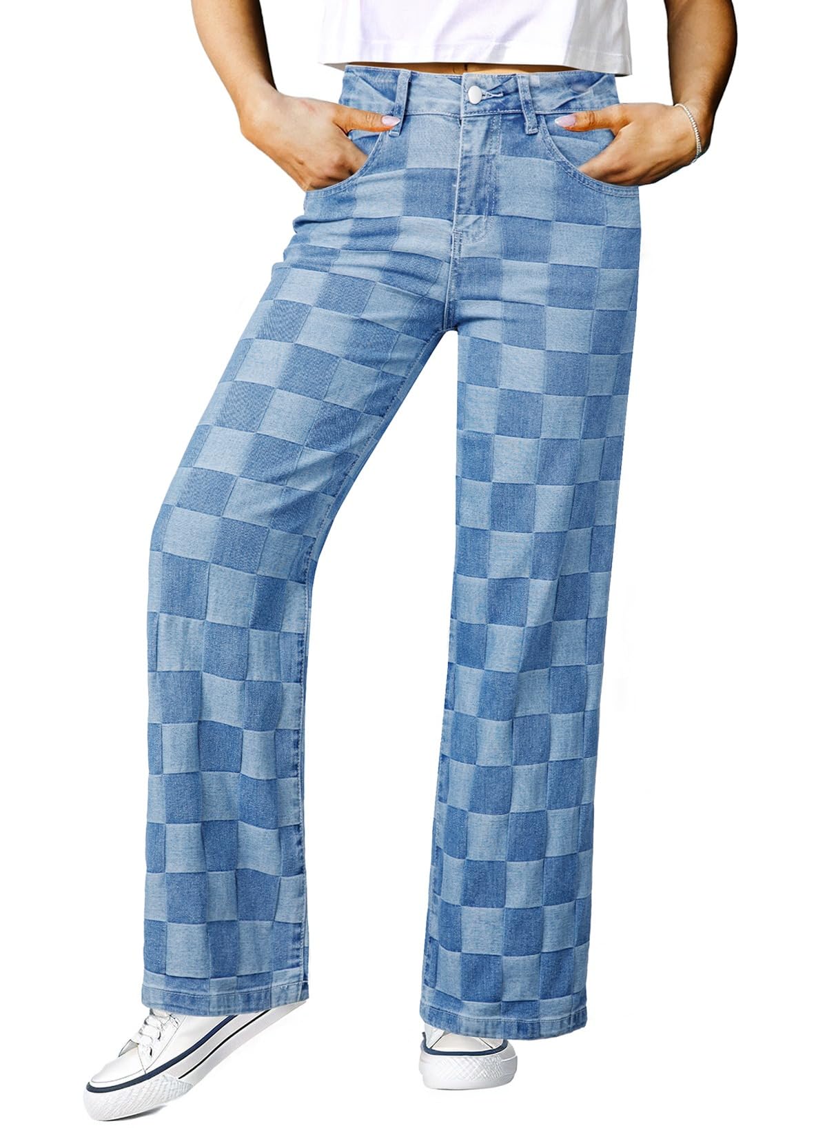 Foto 2 | Jeans Sidefeel Para Mujer  Pierna Ancha  Cintura Alta  A Cuadros  Azul - Venta Internacional.