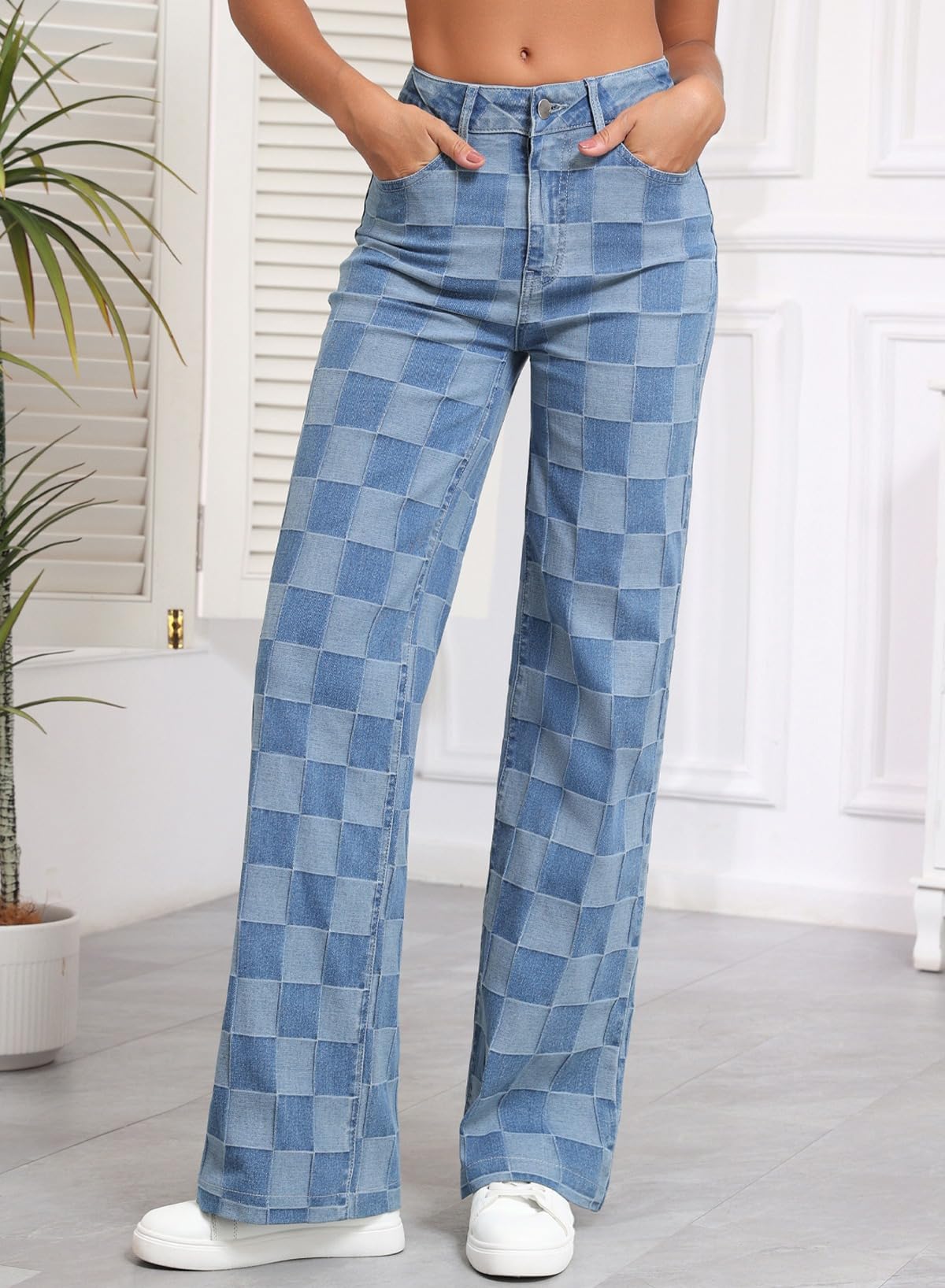 Foto 3 | Jeans Sidefeel Para Mujer  Pierna Ancha  Cintura Alta  A Cuadros  Azul - Venta Internacional.