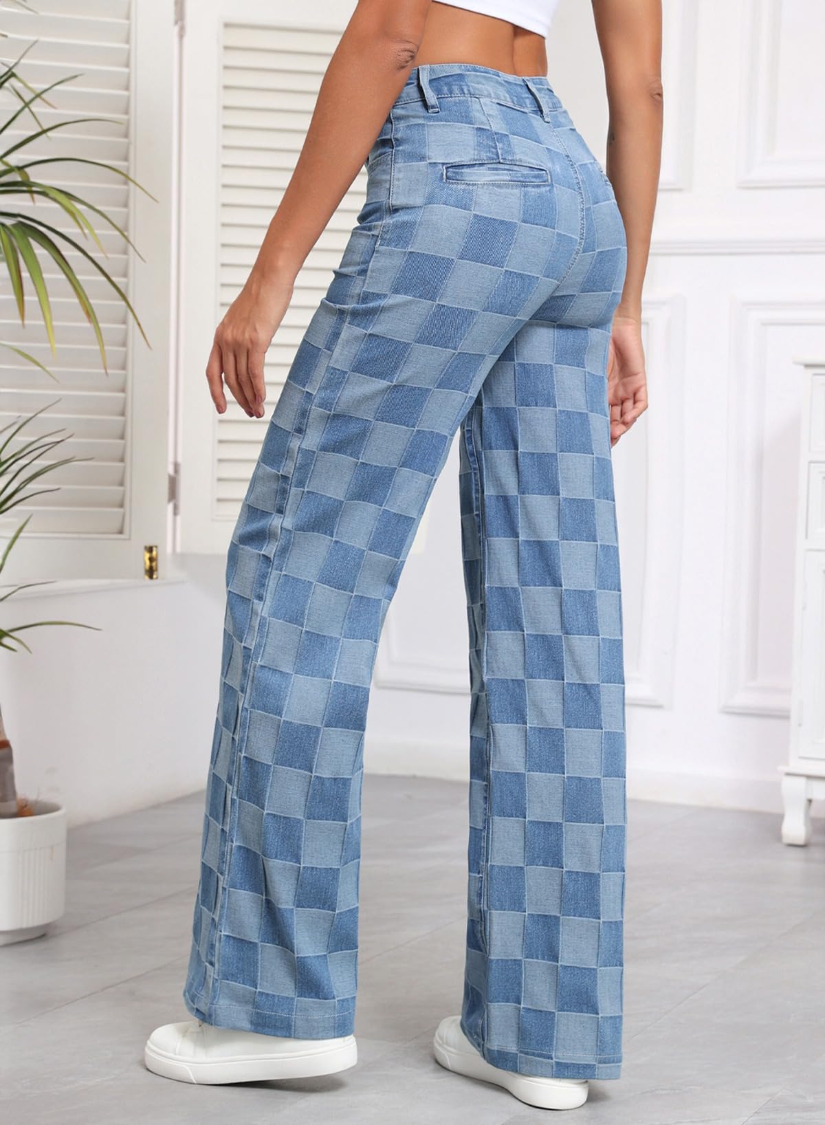 Foto 4 | Jeans Sidefeel Para Mujer  Pierna Ancha  Cintura Alta  A Cuadros  Azul - Venta Internacional.