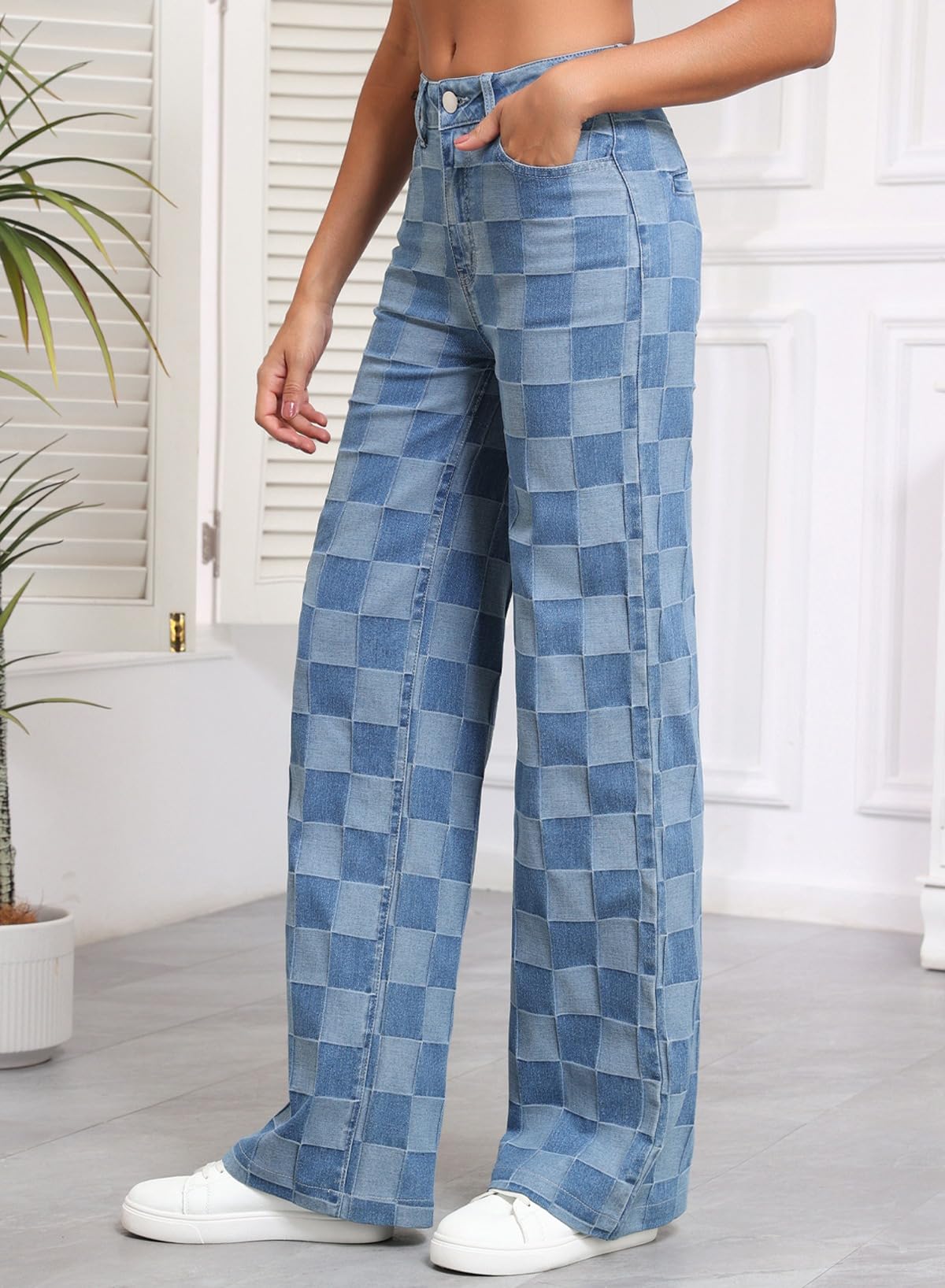 Foto 5 | Jeans Sidefeel Para Mujer  Pierna Ancha  Cintura Alta  A Cuadros  Azul - Venta Internacional.