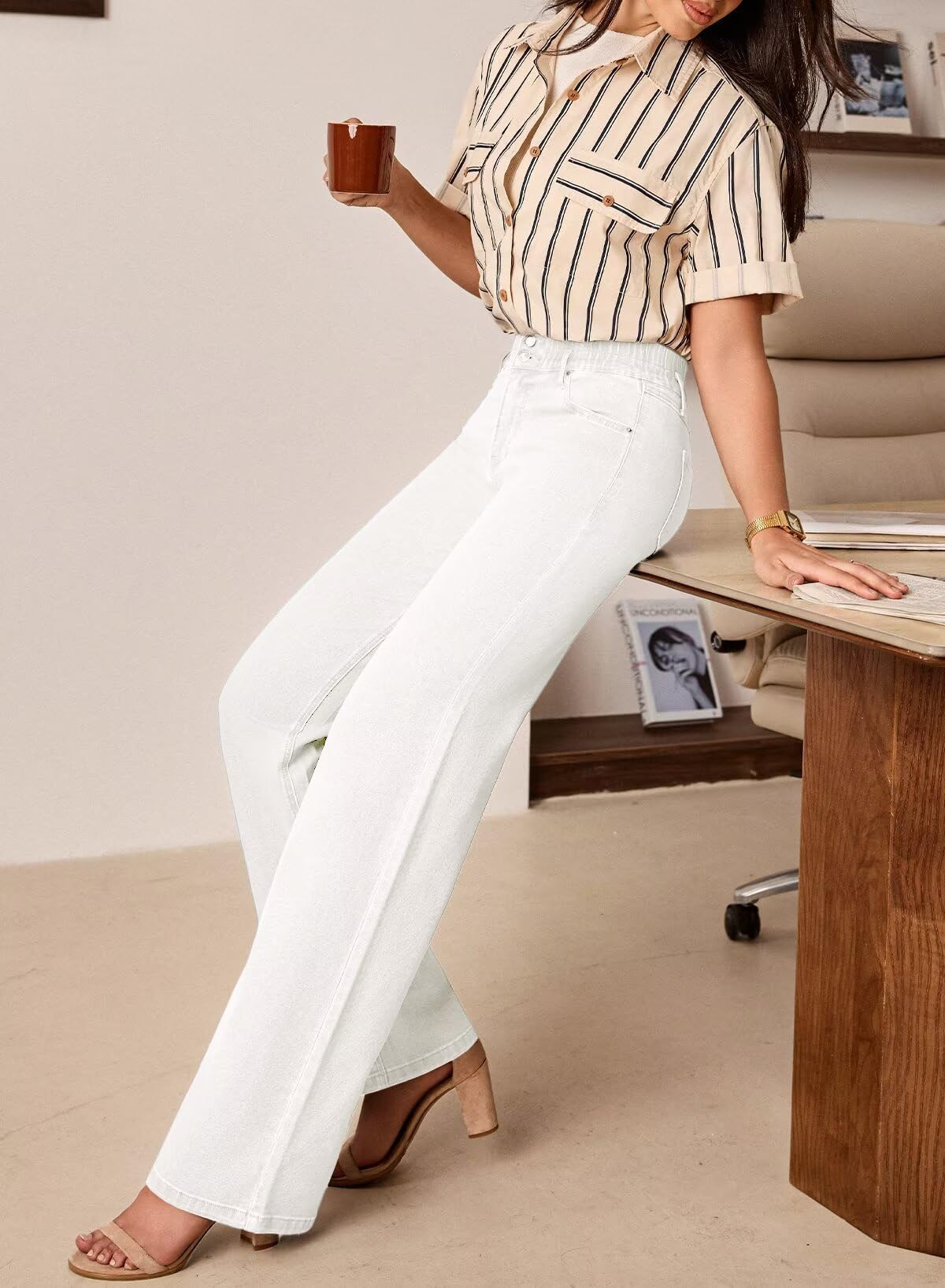 Foto 4 pulgar | Jeans Astylish Para Mujer  Cintura Alta  Pierna Ancha  Mezclilla Blanca - Venta Internacional.