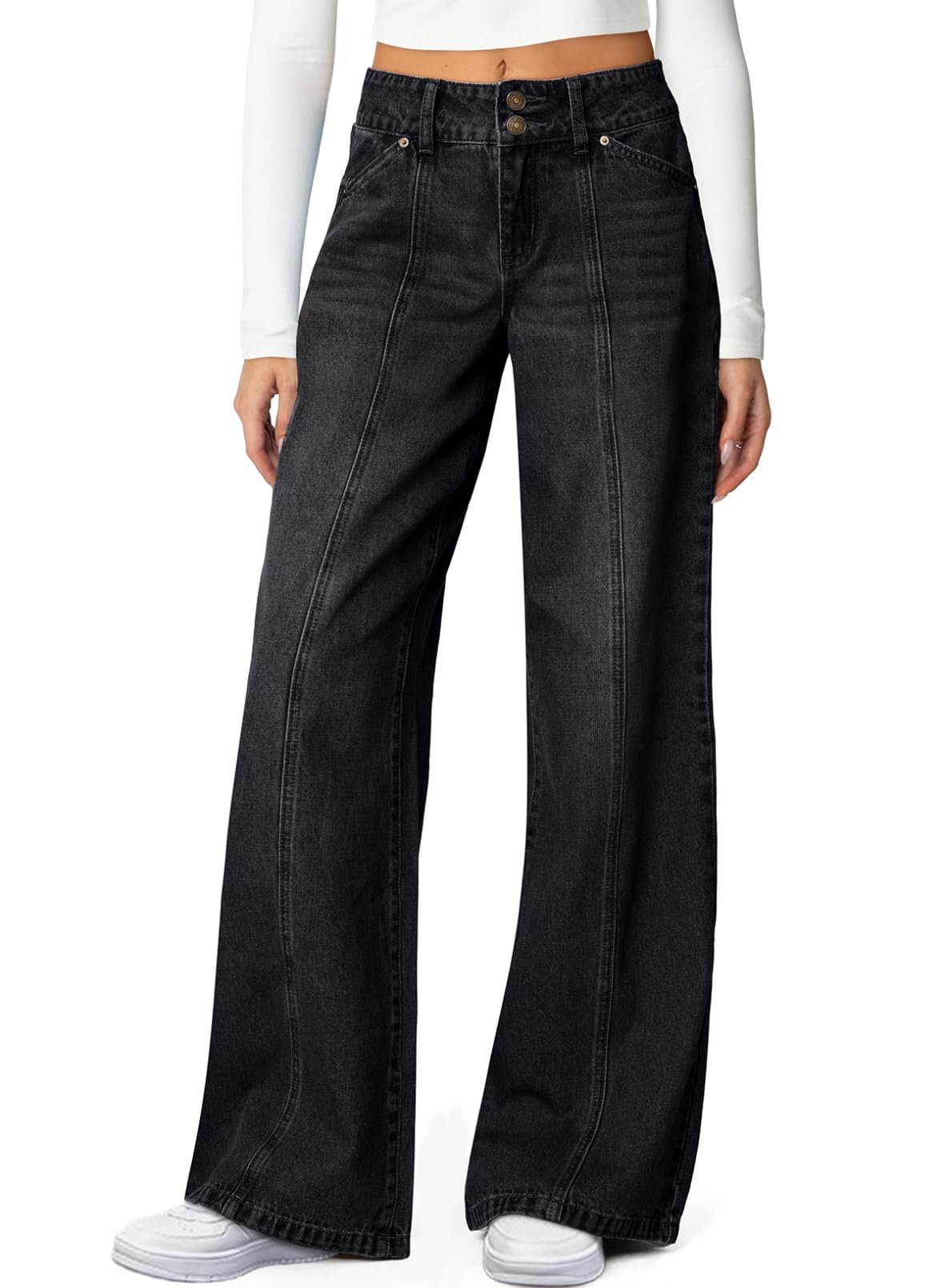 Foto 1 | Jeans De Pierna Ancha Con Tacto Lateral  Cintura Alta  Elásticos  Negros  Para Mujer - Venta Internacional.