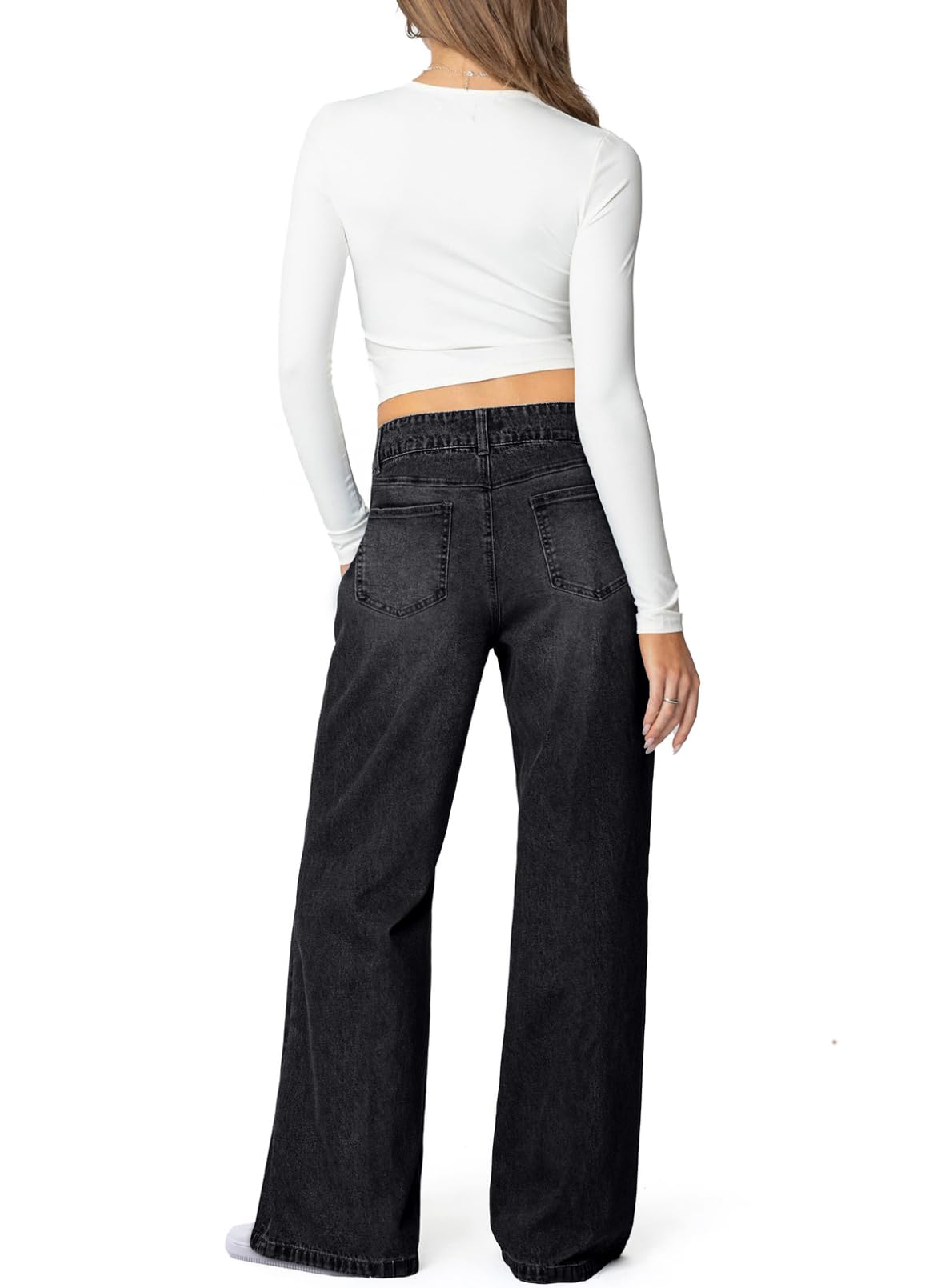 Foto 5 pulgar | Jeans De Pierna Ancha Con Tacto Lateral  Cintura Alta  Elásticos  Negros  Para Mujer - Venta Internacional.