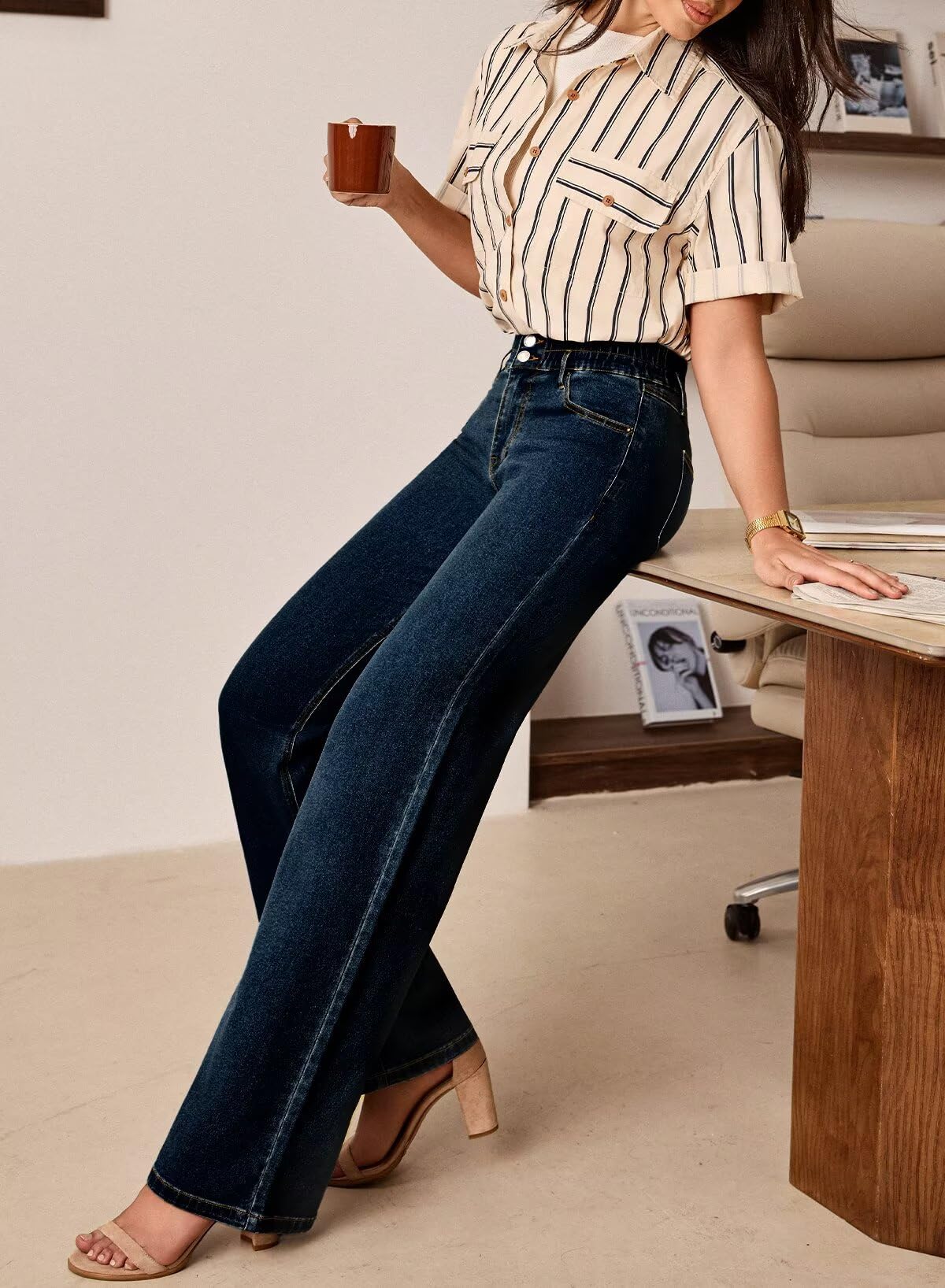 Foto 4 pulgar | Jeans Astylish Para Mujer  Cintura Alta  Pernera Ancha  Azul Marino - Venta Internacional.