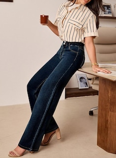 Foto 3 | Jeans Astylish Para Mujer Cintura Alta Pernera Ancha Azul Marino - Venta Internacional.