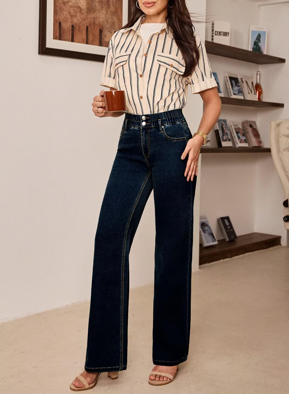 Foto 6 | Jeans Astylish Para Mujer  Cintura Alta  Pernera Ancha  Azul Marino - Venta Internacional.