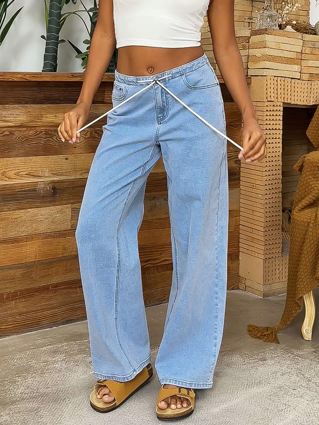 Foto 2 | Vaqueros Flamingals De Pierna Recta Para Mujer  Cintura Media  Azul Claro - Venta Internacional.