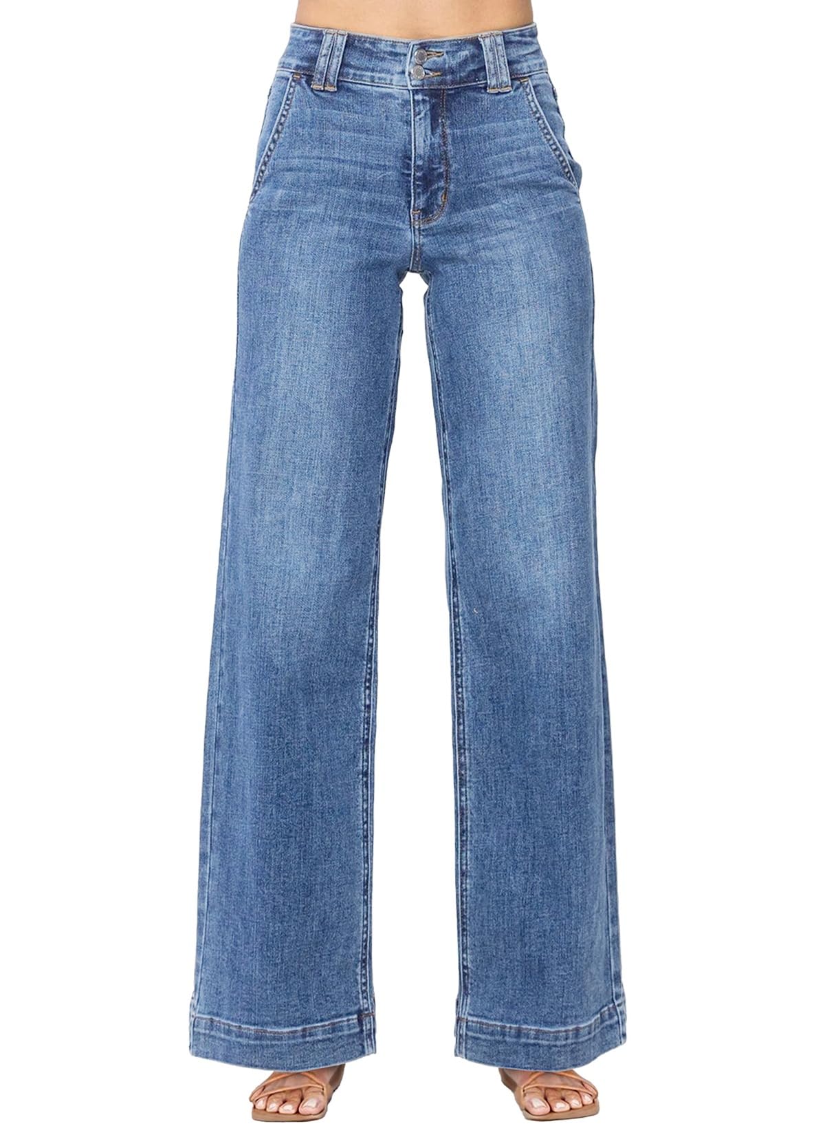 Foto 2 pulgar | Pantalones Elegantes  Vaqueros Anchos Para Mujer  Con Control De Barriga  Azul Cielo - Venta Internacional.