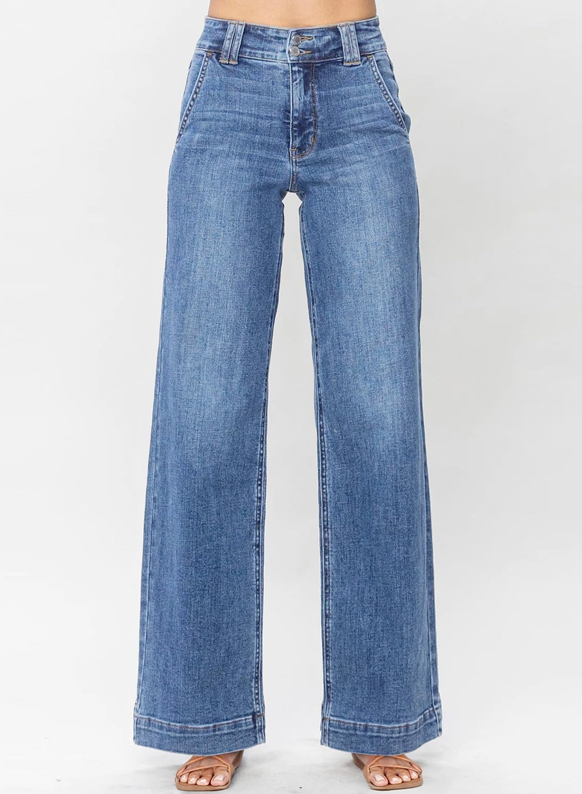 Foto 5 pulgar | Pantalones Elegantes  Vaqueros Anchos Para Mujer  Con Control De Barriga  Azul Cielo - Venta Internacional.